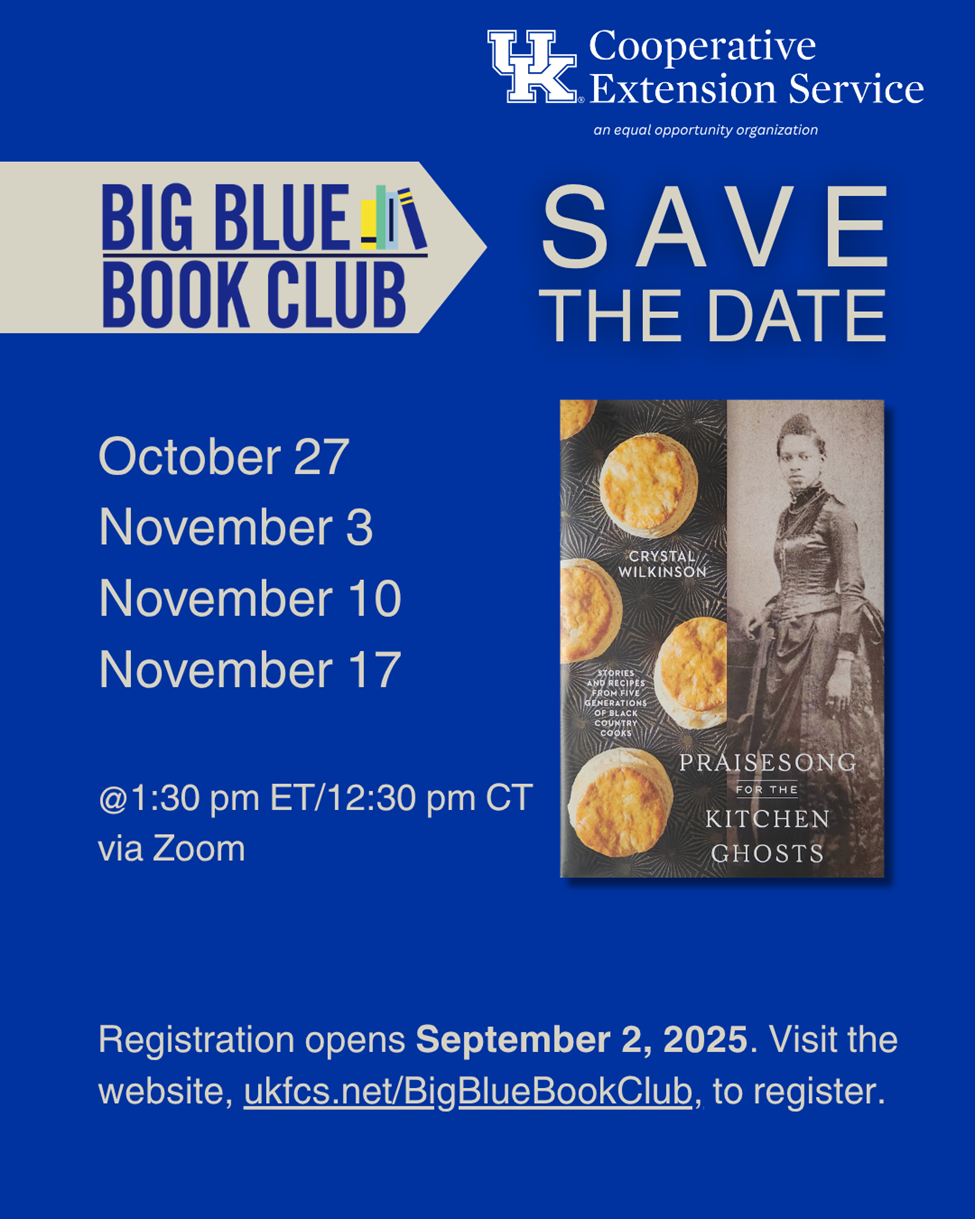 Flyer detailing event info with a blue background, dates of the event, and a picture of the book being read.
